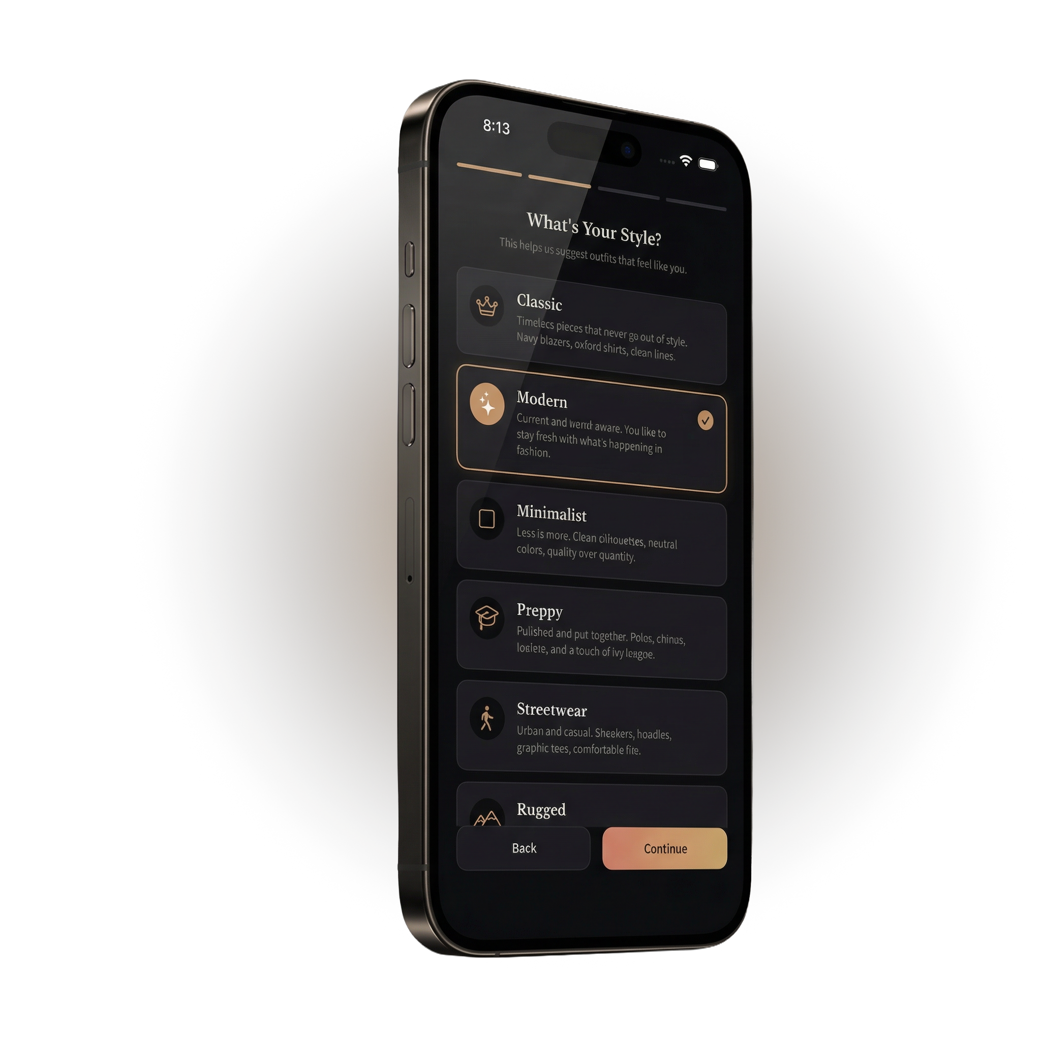 Grayne's six style vibes: Minimal, Sharp, Rugged, Street, Classic, Bold
