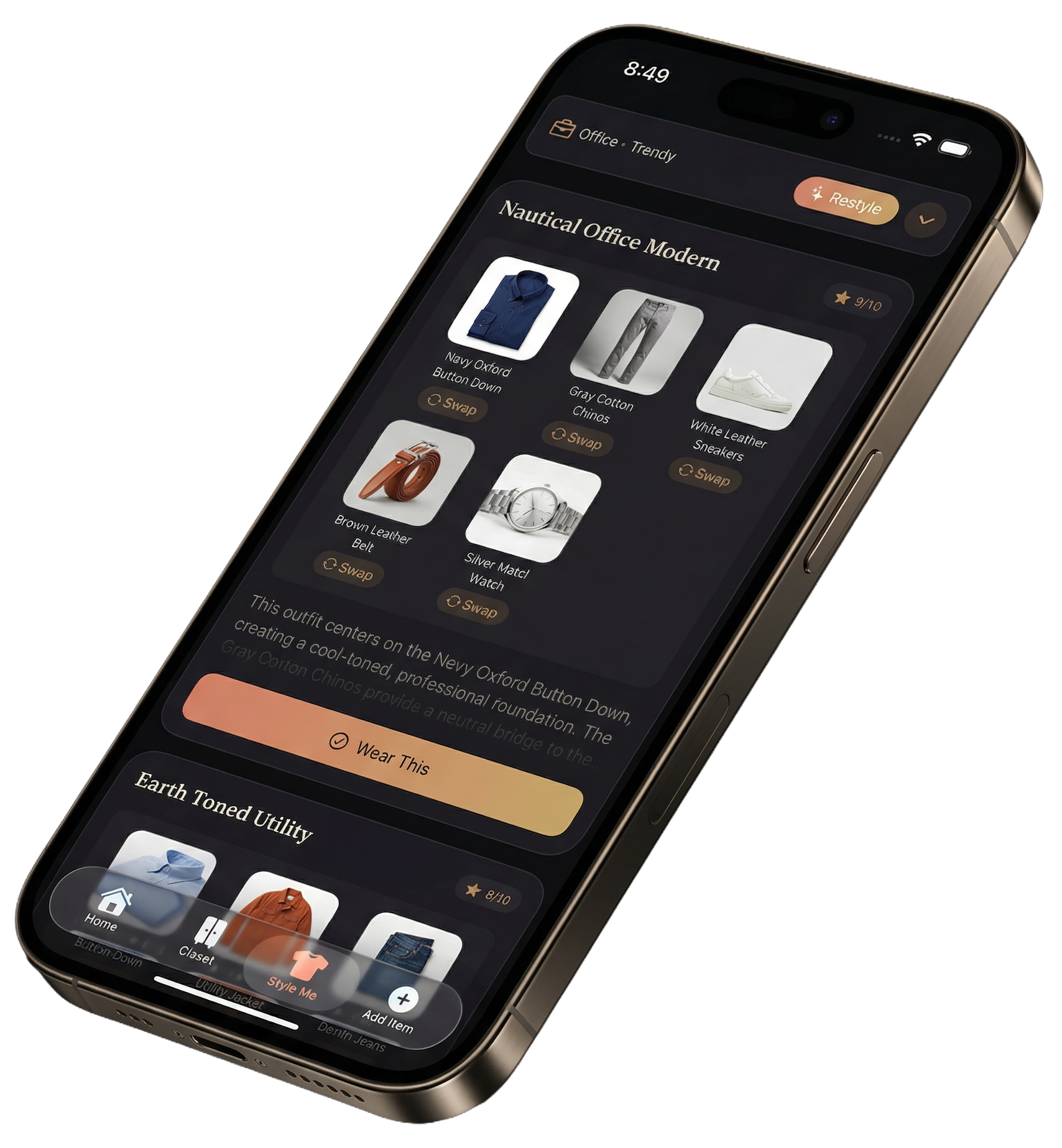 Grayne app showing personalized outfit suggestions on iPhone
