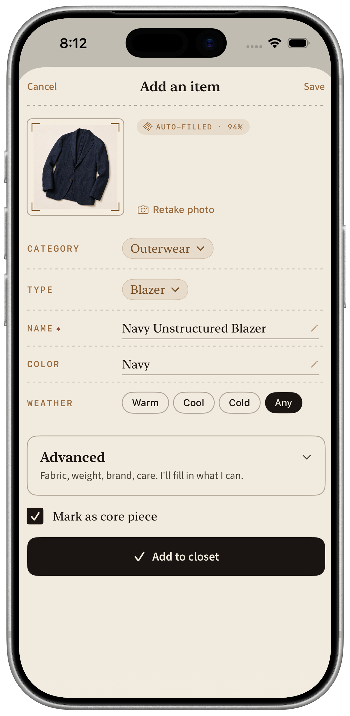 The Add an Item screen - a navy blazer auto-filled with category Outerwear, type Blazer, and color Navy.
