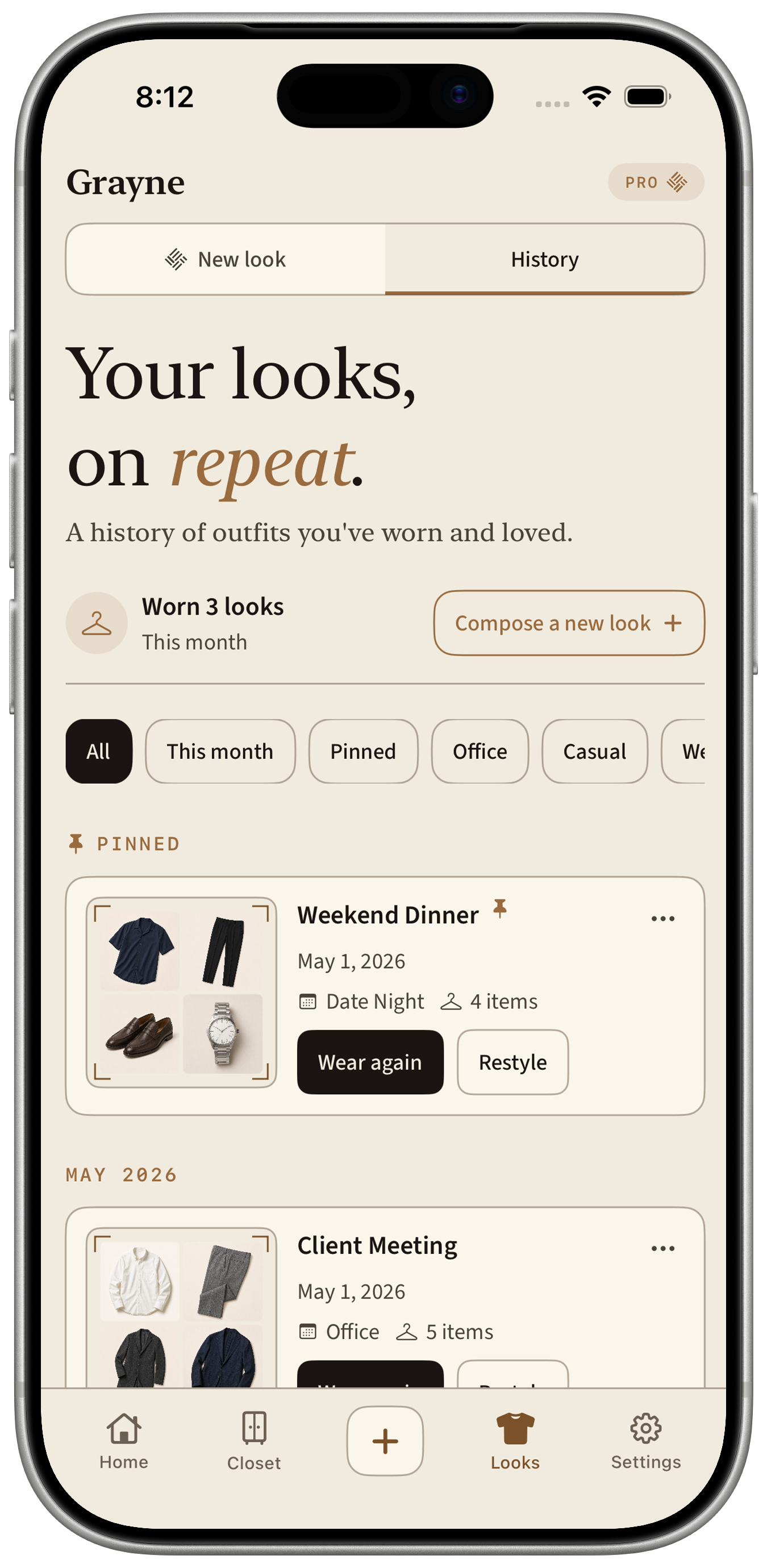 History view titled Your looks, on repeat - a chronological log of saved outfits with pinned favorites and dates.