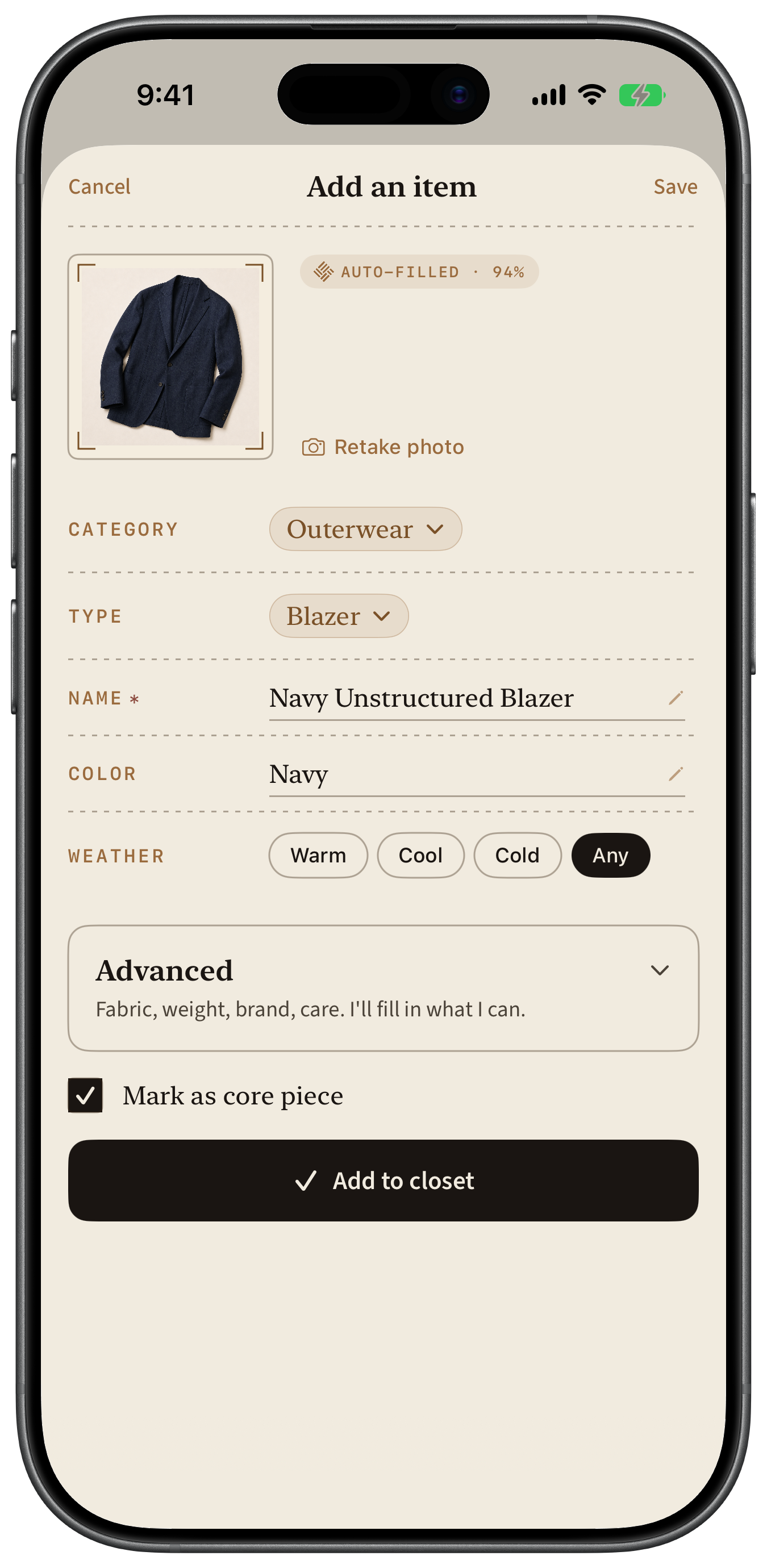 The current Add an Item screen shown in an official iPhone 17 product bezel, with a navy blazer automatically categorized and described.