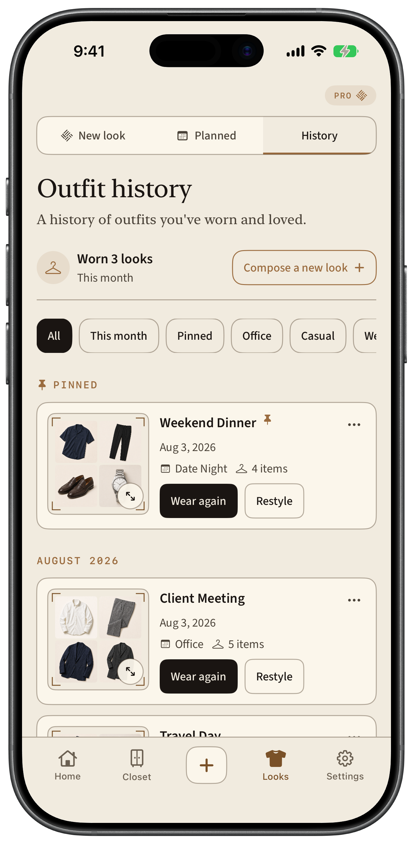 The current Outfit History tab shown in an official iPhone 17 product bezel, with pinned looks, dates, Wear Again, and Restyle actions.