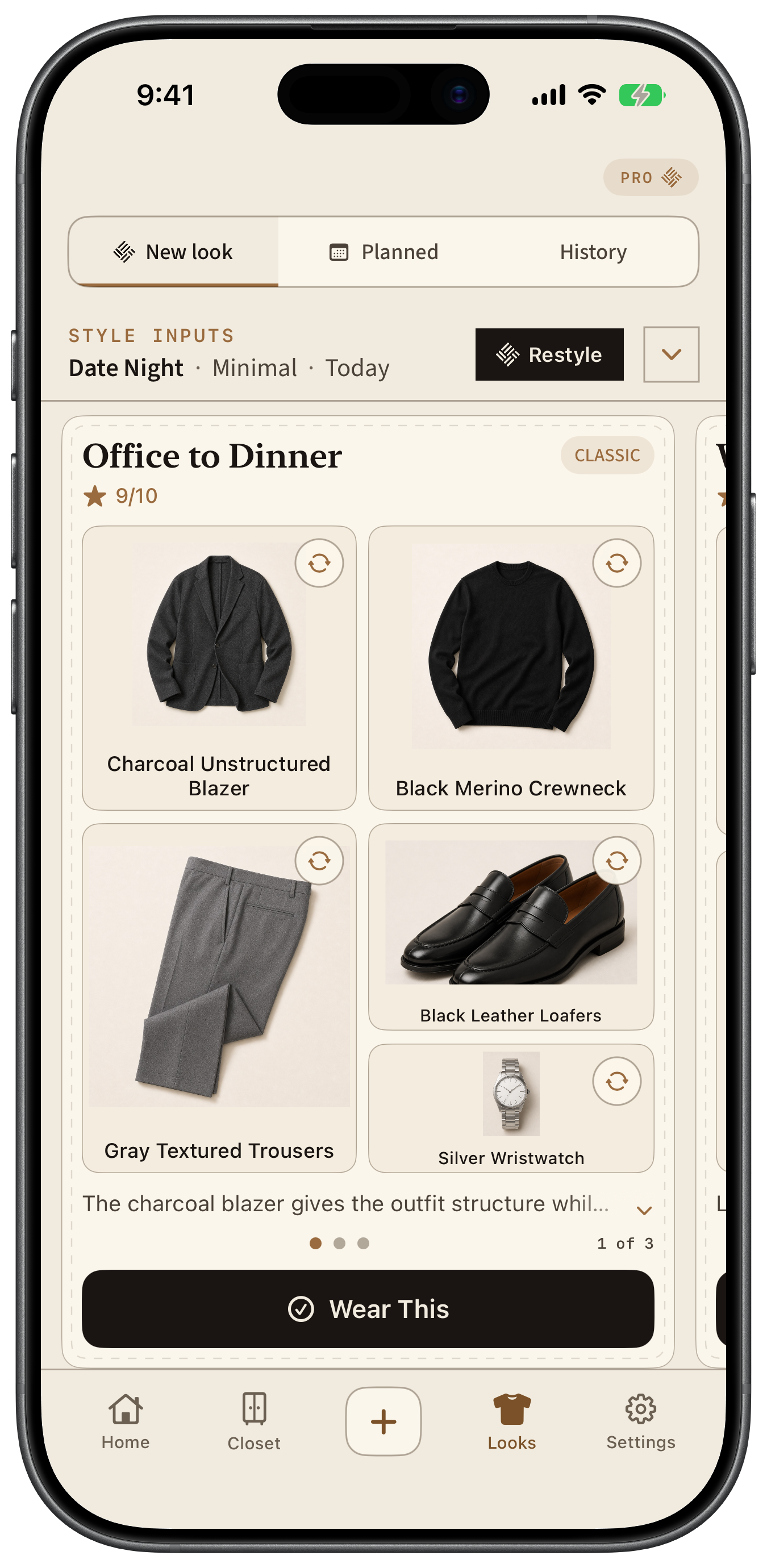 The current New Look tab shown in an official iPhone 17 product bezel, with the first of three complete outfit options for an office-to-dinner occasion.