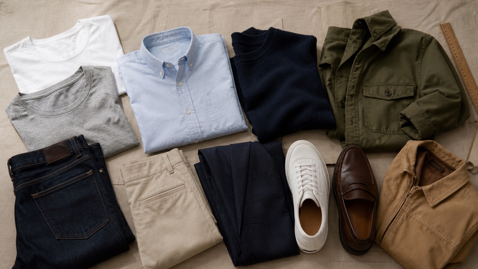 A representative selection of neutral men's capsule wardrobe pieces arranged on warm linen, including T-shirts, an Oxford shirt, navy knitwear, olive overshirt, dark denim, chinos, tailored trousers, white sneaker, brown loafer, and tan jacket.