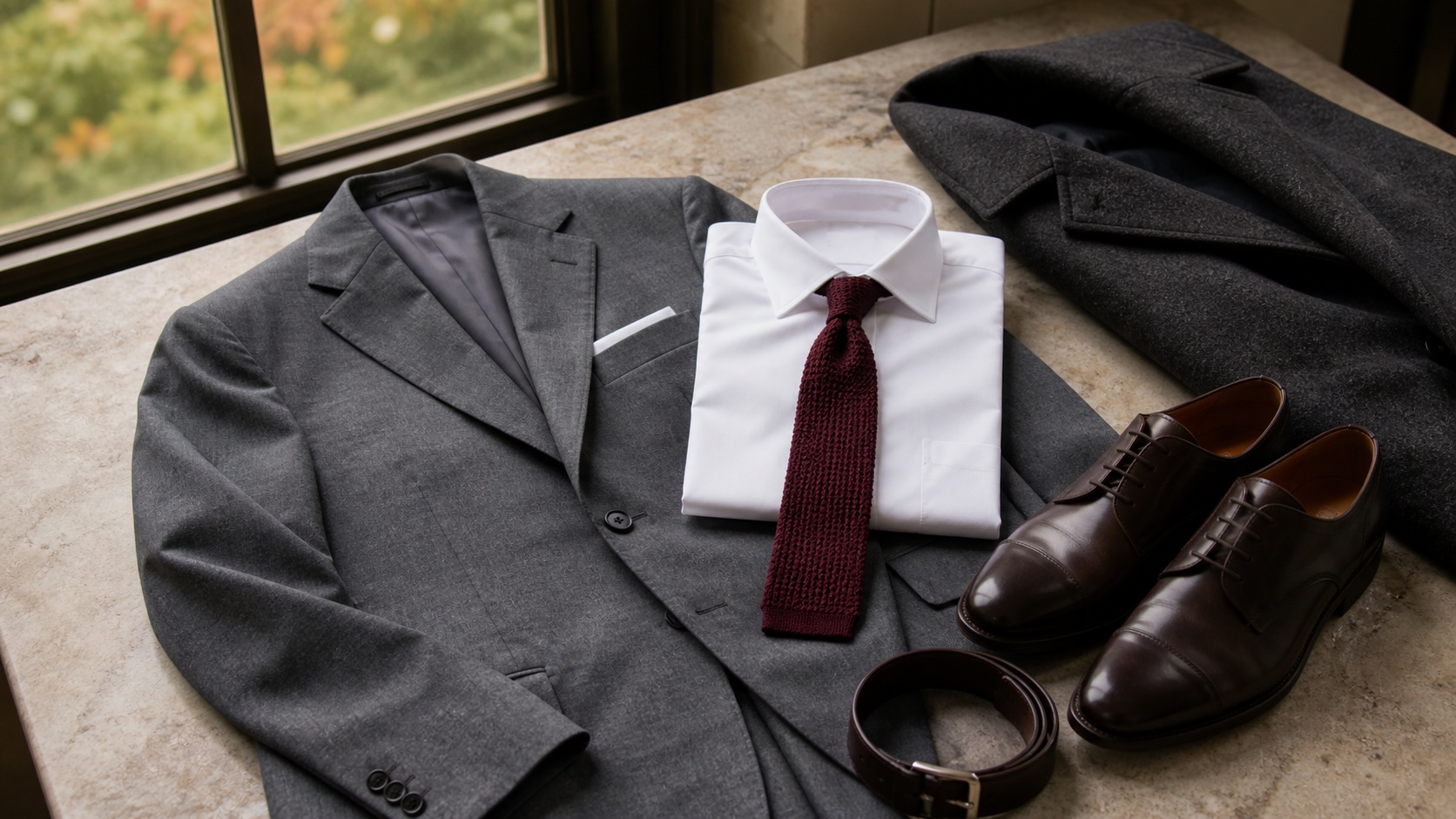 A medium-gray wool suit arranged with a white dress shirt, deep-burgundy knit tie, dark-brown cap-toe derby shoes and belt, white pocket square, and charcoal topcoat beside an autumn garden window.