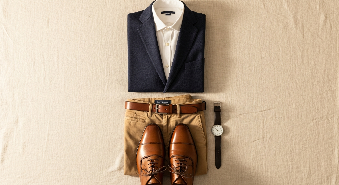 Perfectly arranged mens outfit flat lay with blazer, shirt, chinos, and leather shoes