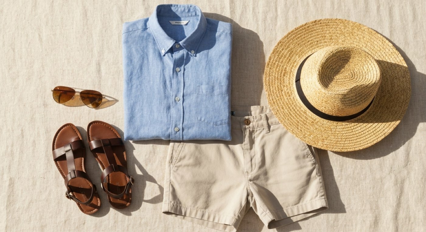 Summer men's outfit flatlay with linen and light colors